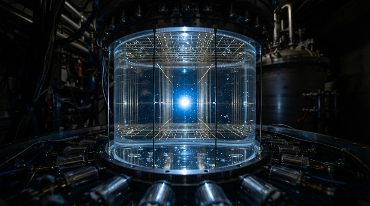Real-world liquid xenon target grid inside the underground LUX-ZEPLIN detector flashing with a blue light signal from a dark matter collision.