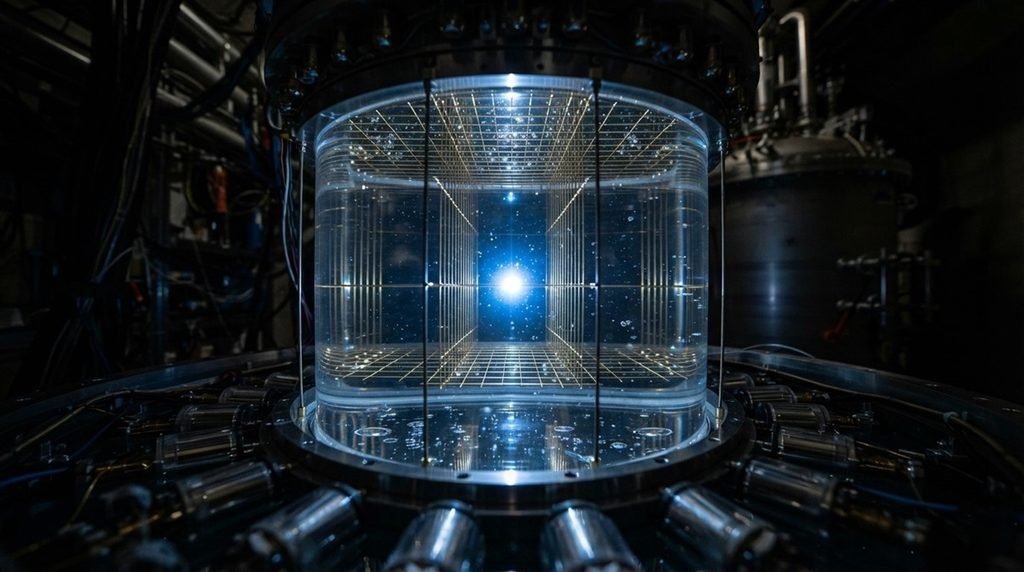 Real-world liquid xenon target grid inside the underground LUX-ZEPLIN detector flashing with a blue light signal from a dark matter collision.
