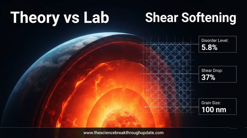 • Scientific blueprint chart explaining the Davemaoite crystal mystery with a 37 percent shear drop alongside 5.8 percent disorder level and 100 nm grain size metrics.
