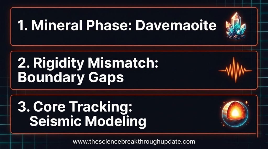  Educational explainer graphic answering common questions about the Davemaoite crystal mystery using crystal, wave, and earth core icons.
