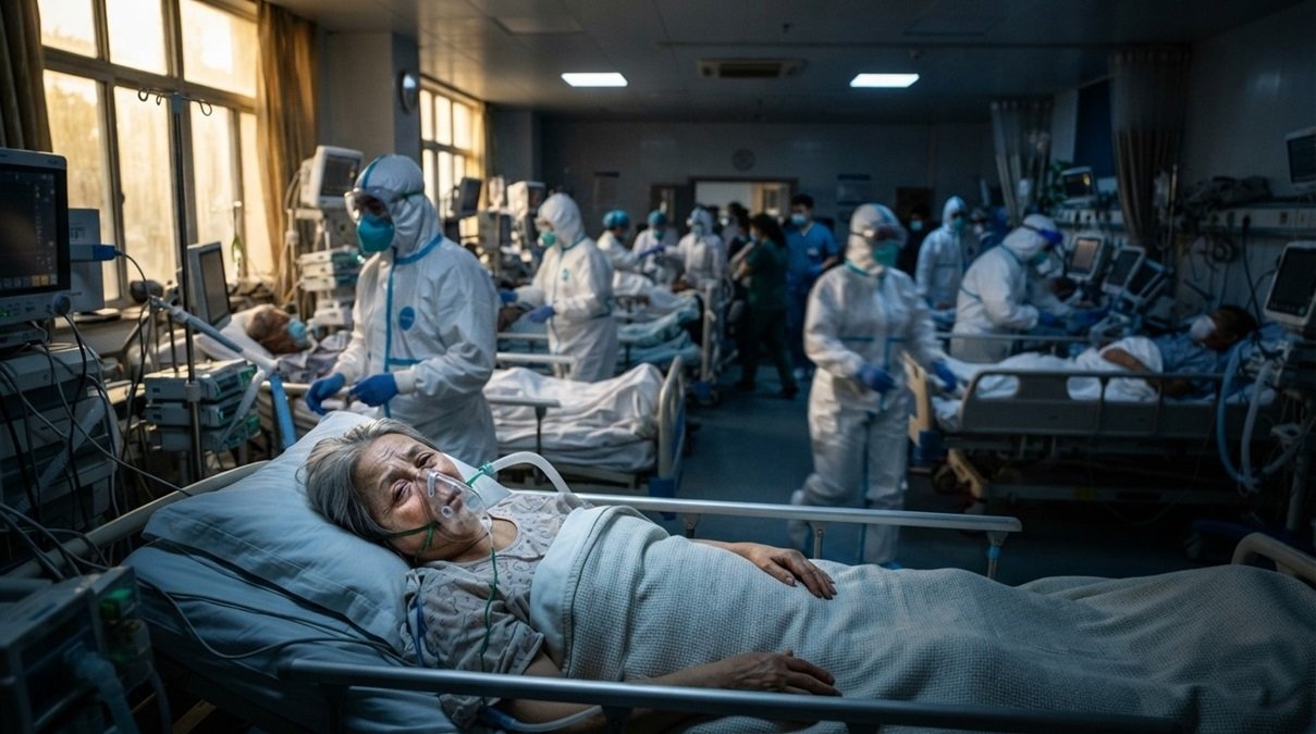 A crowded hospital emergency ward during a deadly disease outbreaks surge with doctors in protective hazmat suits caring for patients to show pandemic waves.