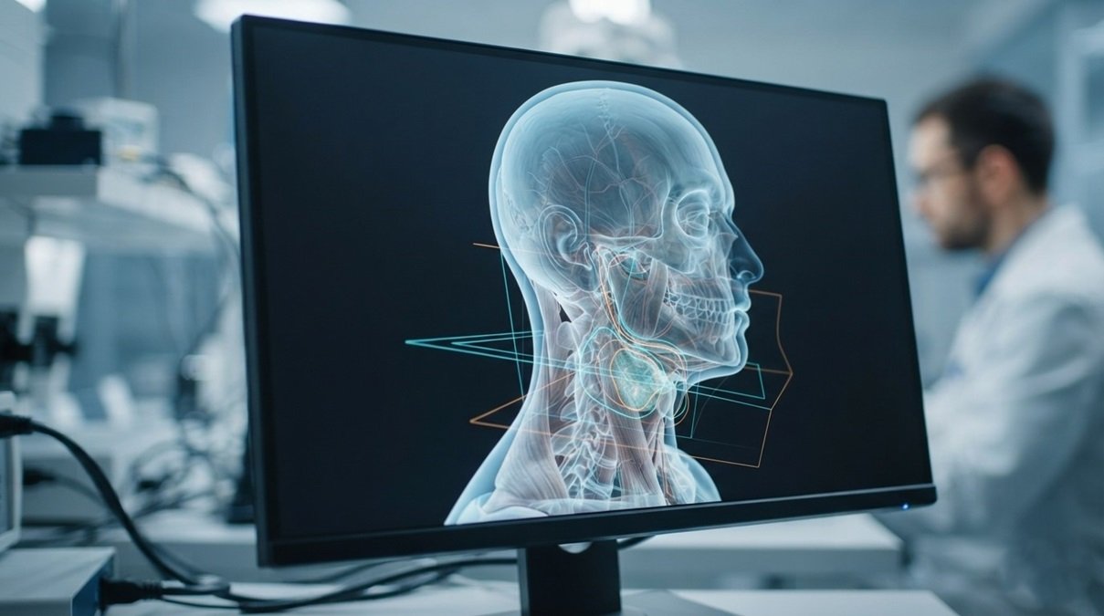 Cinematic laboratory monitor displaying a 3D digital twin predictive clone of human neck anatomy for cancer proton radiation.
