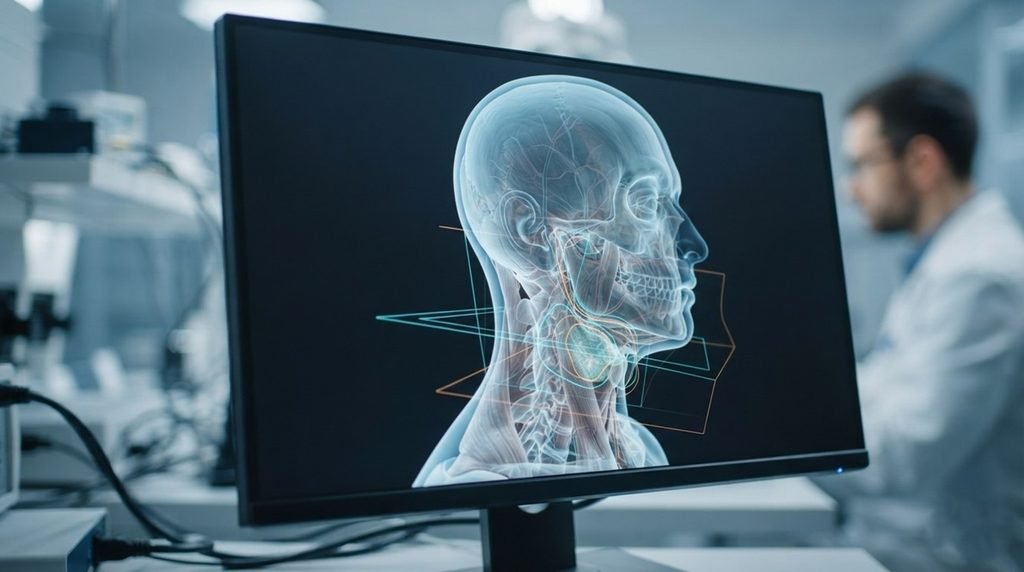 Cinematic laboratory monitor displaying a 3D digital twin predictive clone of human neck anatomy for cancer proton radiation.