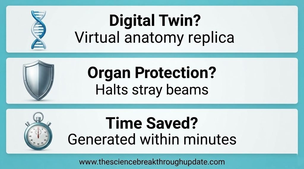 Medical FAQ infographic with clean text blocks and icons detailing real-time tumor tracking and digital twin organ protection.