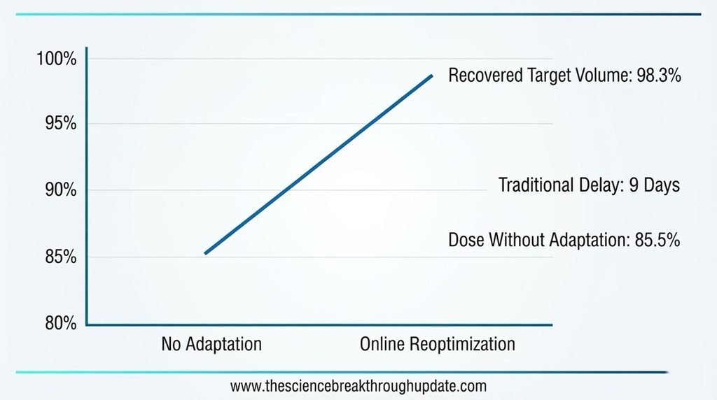 Technical chart comparing a 9-day re-planning delay against 98.3 percent target volume recovery using digital twin cancer therapy.