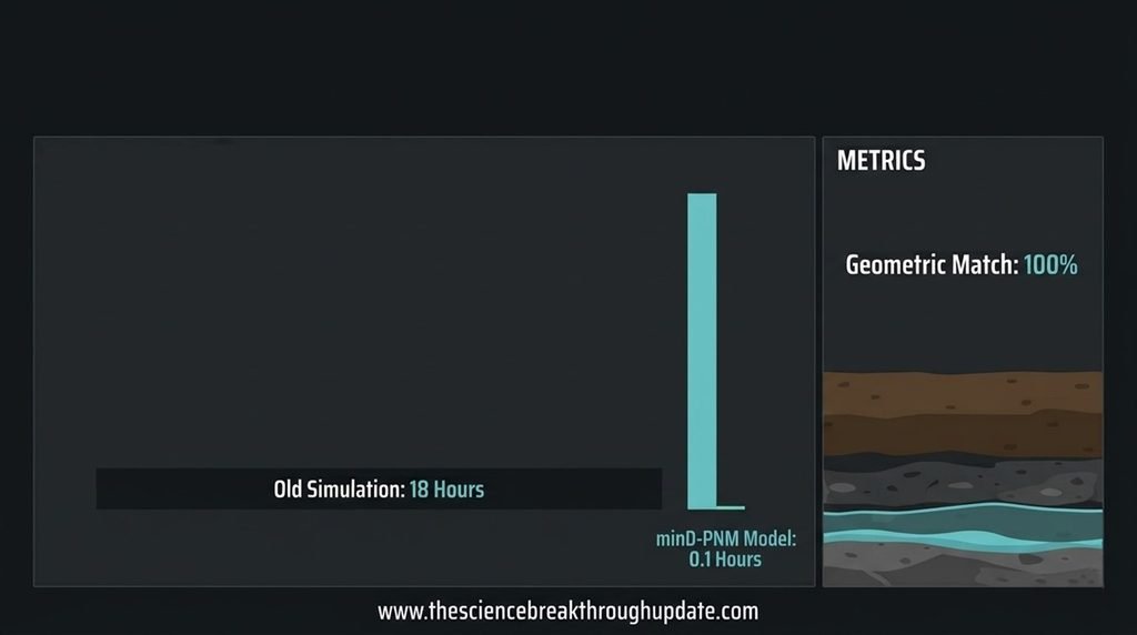Bar chart comparing traditional 18-hour fluid dynamics simulation speed against the 0.1-hour minD-PNM model processing time.