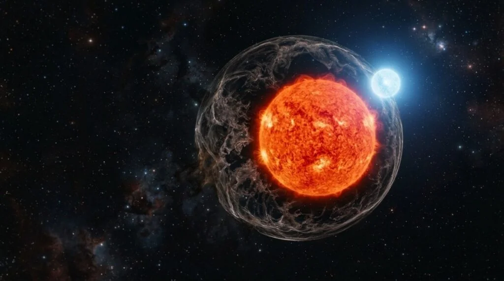 Dying hypergiant star VX Sagittarii shedding an immense parsec-scale circumstellar shell of ionized gas in deep space.