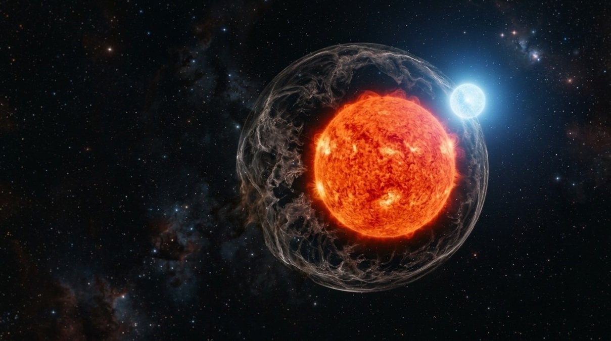 Dying hypergiant star VX Sagittarii shedding an immense parsec-scale circumstellar shell of ionized gas in deep space.