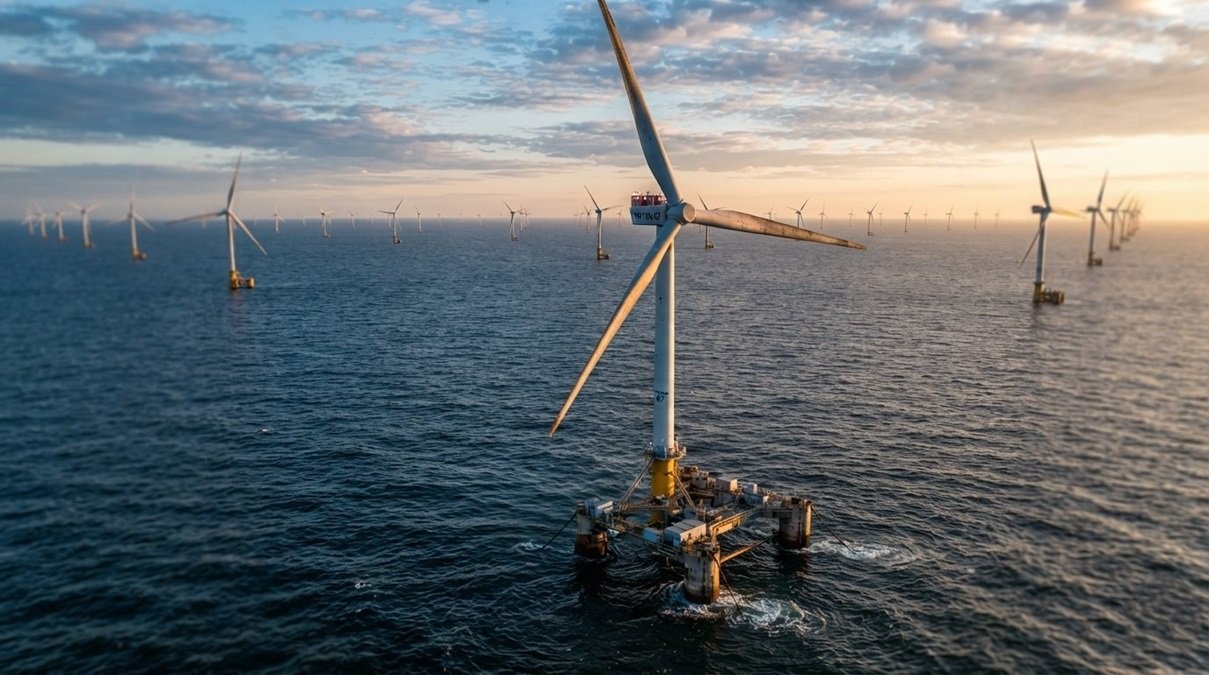 Floating wind turbines in a professional industrial offshore wind farm capturing marine energy at golden hour.