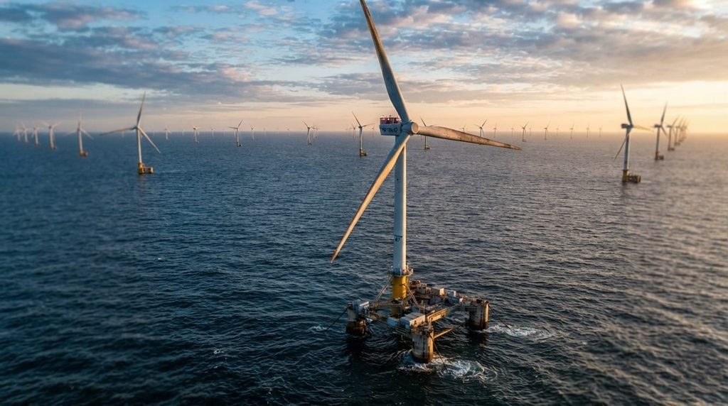 Floating wind turbines in a professional industrial offshore wind farm capturing marine energy at golden hour.
