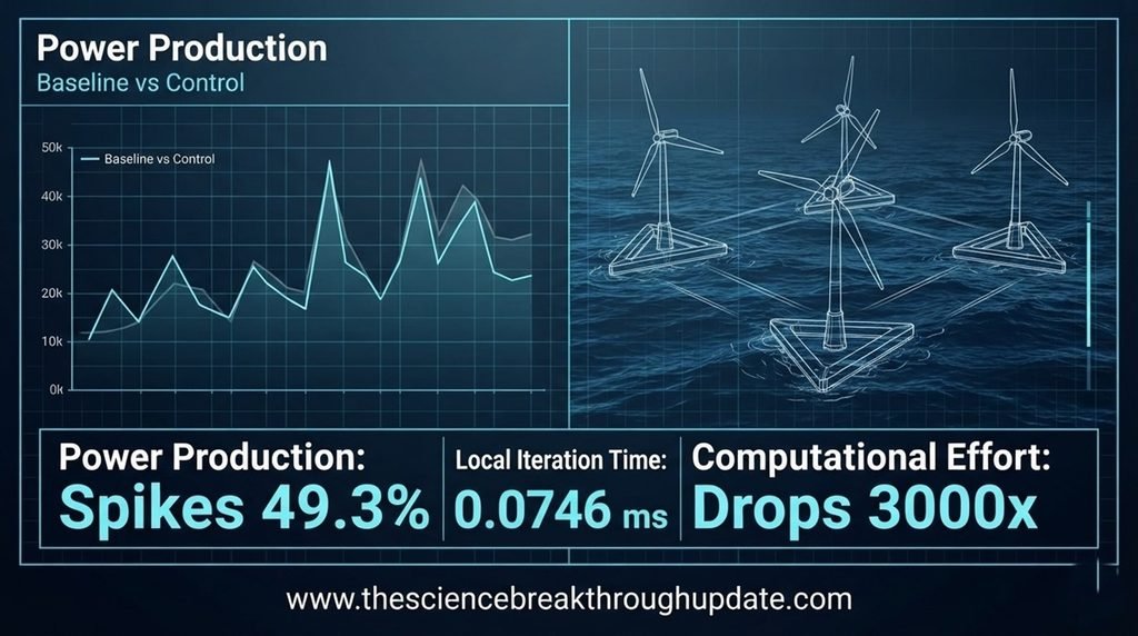 Technical dashboard infographic for floating wind turbines showing a forty-nine point three percent power output increase.