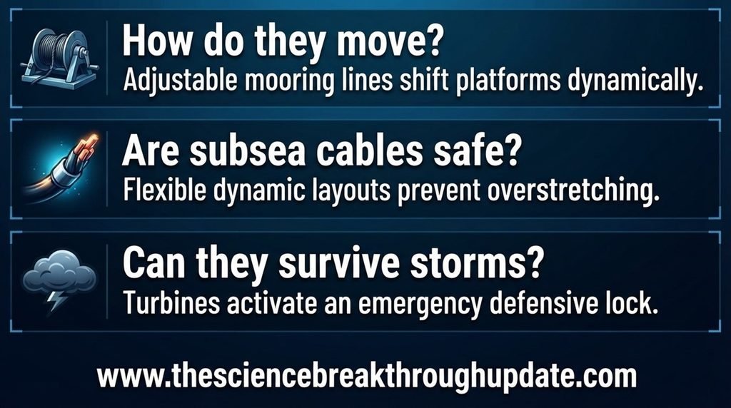 Educational FAQ infographic describing physical mobility and storm survival safety systems of floating wind turbines.
