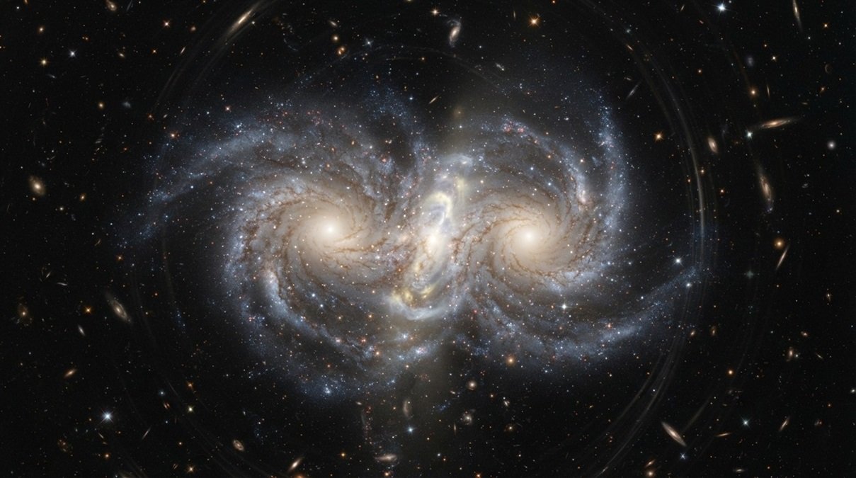Two giant galaxies colliding in deep space revealing the separation of invisible dark matter mass.