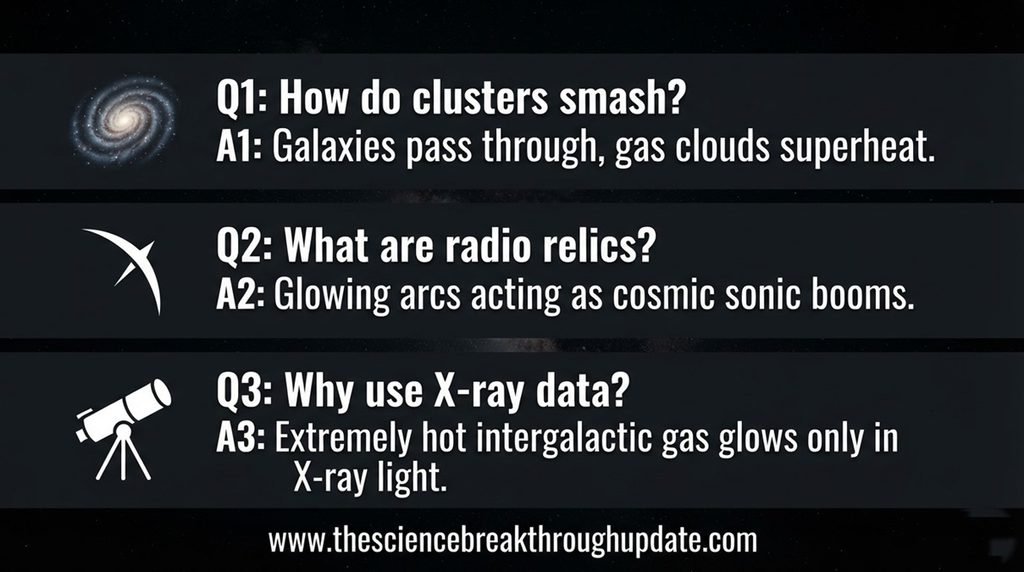 Educational infographic template explaining radio relics cosmic sonic booms and space cluster collisions.