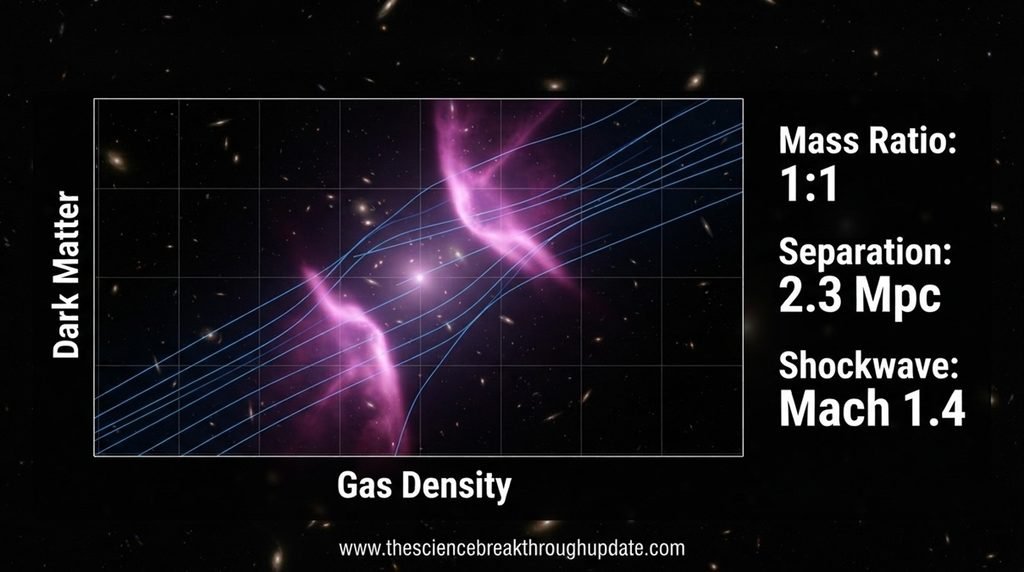 Scientific data chart showing gas density and dark matter mass ratio of 1 to 1 during cosmic collision.