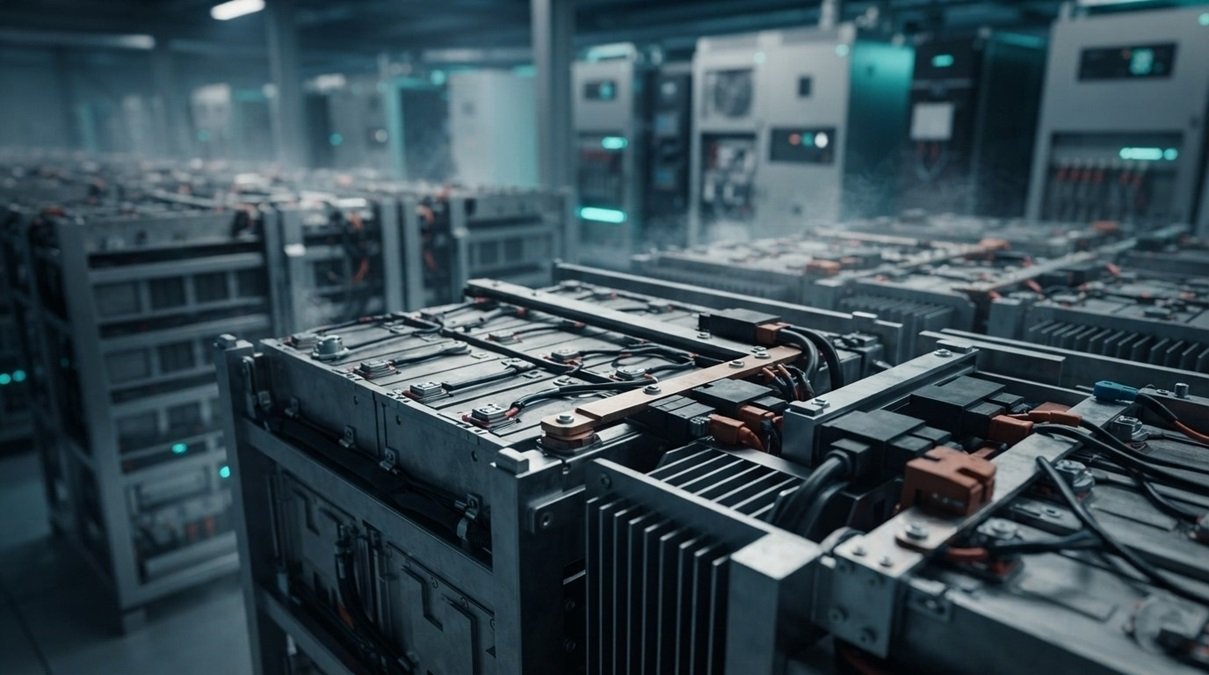 • An ultra-realistic cinematic 8K science photograph displaying an industrial utility-scale grid battery modeling deployment infrastructure.