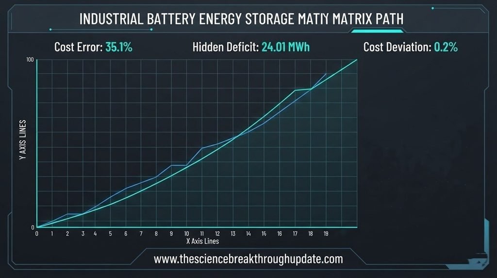 Detailed technical specification grid infographic mapping cost errors and unserved energy deficits in grid battery modeling.