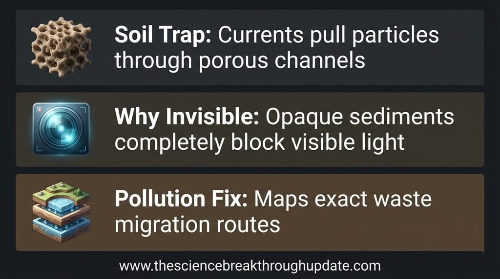 Infographic panel explaining how microplastics pass through underground porous channels and why soil sediments block visible light.