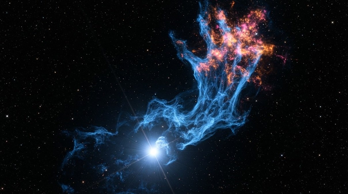 Deep space X-ray photography of MSH 15-52 pulsar wind nebula revealing electric blue gas filaments and fiery orange thermal knots against a dark space background