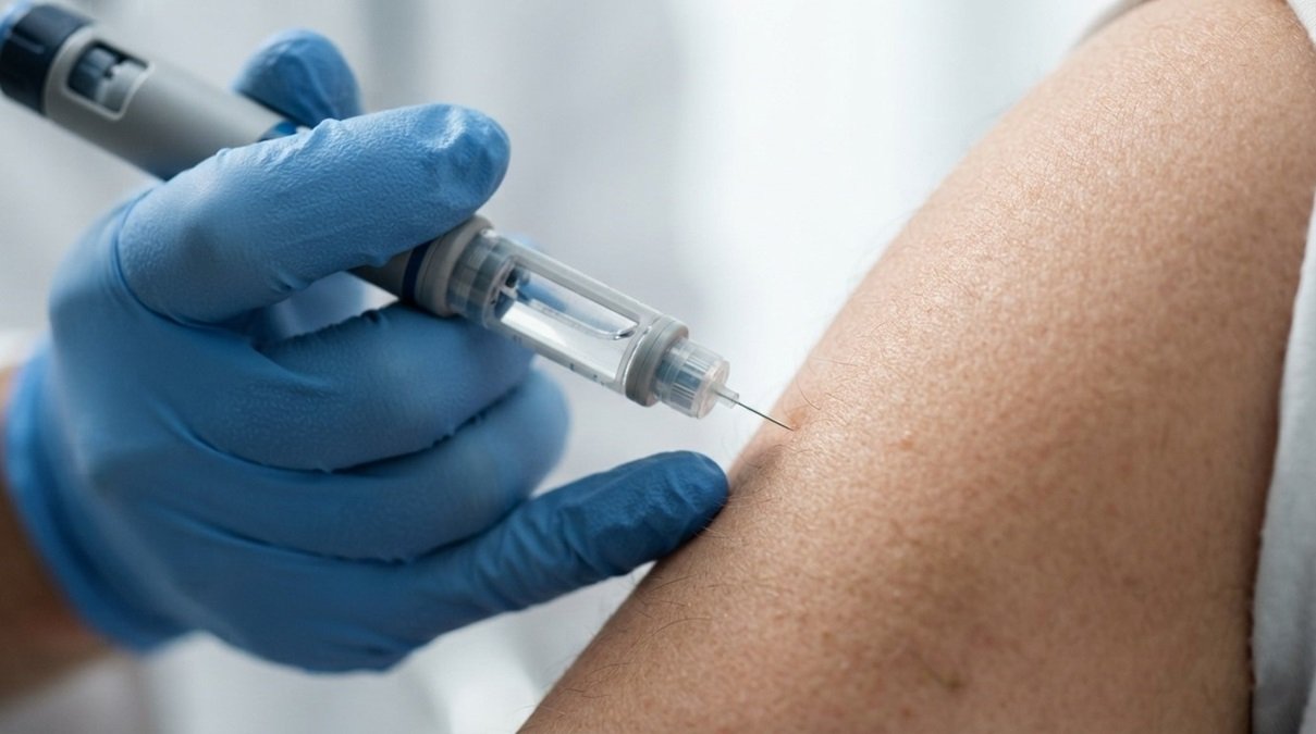 Macro photo of a healthcare worker in blue gloves administering an insulin pen injection in a clinical hospital setting