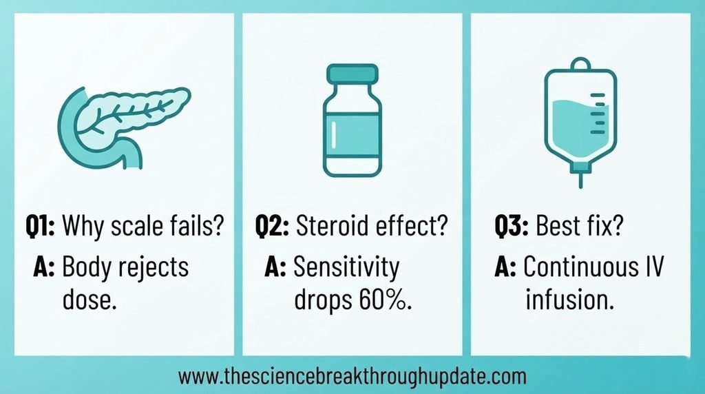  Educational medical FAQ explainer chart explaining why sliding scale fails with pancreas steroid and IV drip bag icons
