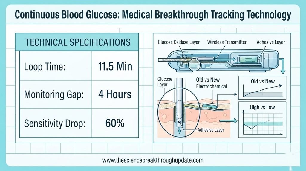 Medical specification infographic grid displaying 11.5 minute loop time and 60 percent sensitivity drop metrics