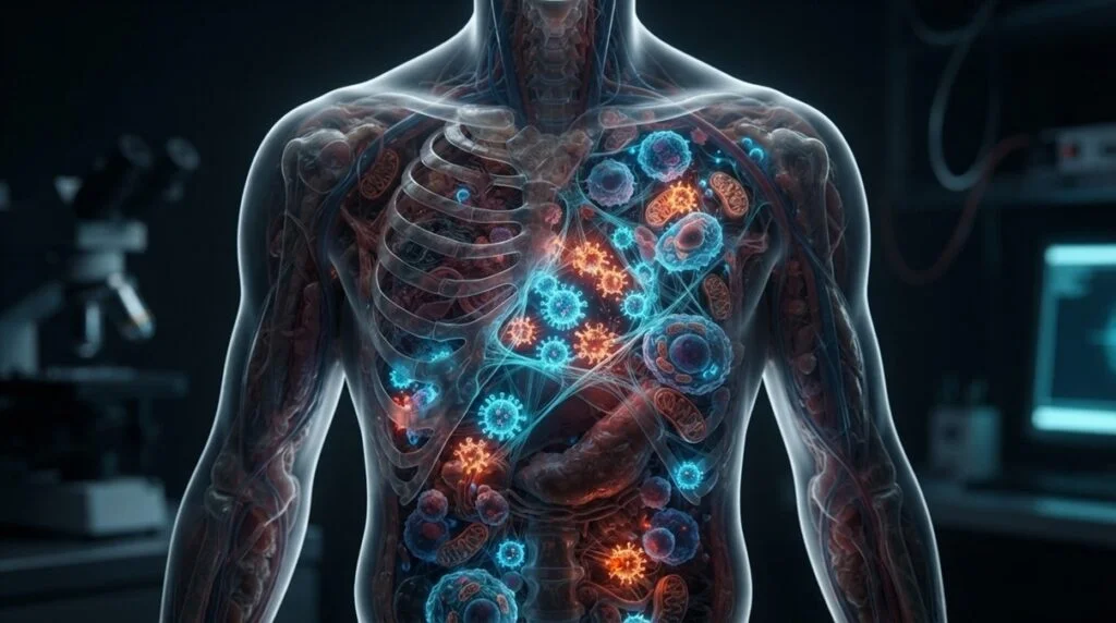 Human body hidden virus particles trapped inside cellular structures illustration for medical science header banner