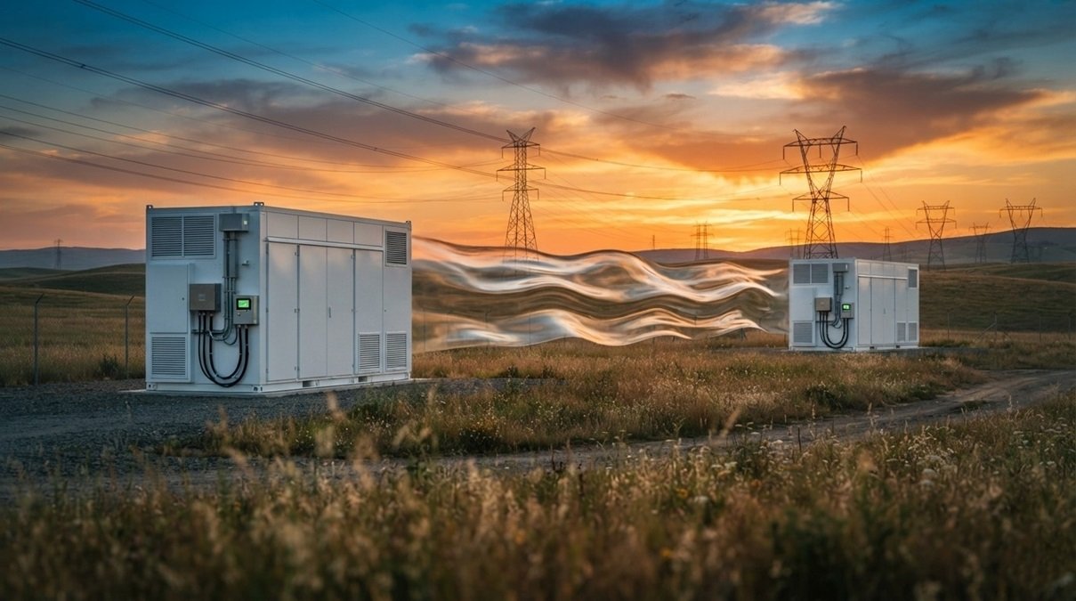 Two modern utility scale battery energy storage system structures forming a virtual transmission line inside a power grid network field