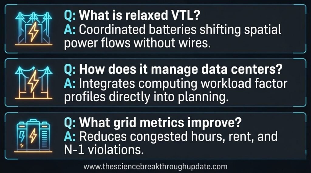 Educational science FAQ infographic screen layout explaining relaxed virtual transmission lines and integrated data center workloads with lightning grid icons