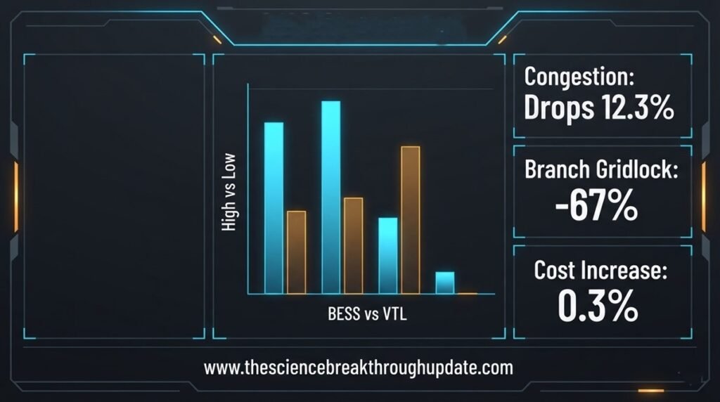Technical dashboard grid bar graph comparing BESS vs VTL showing a 12.3 percent drop in congestion and a 67 percent branch gridlock reduction