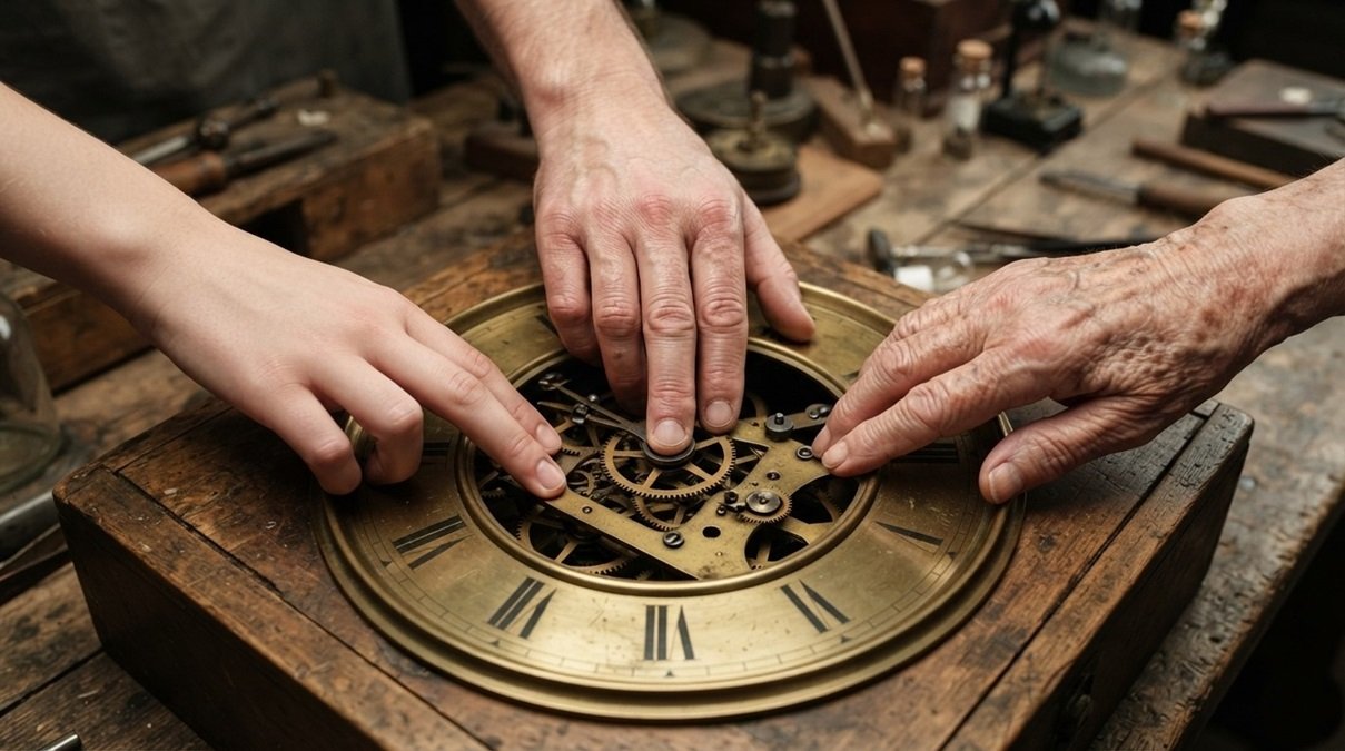 An 8K ultra-realistic macro photograph of three human hands representing the timeline of life resting on an antique brass clock face with exposed gears under clinical white studio lighting.