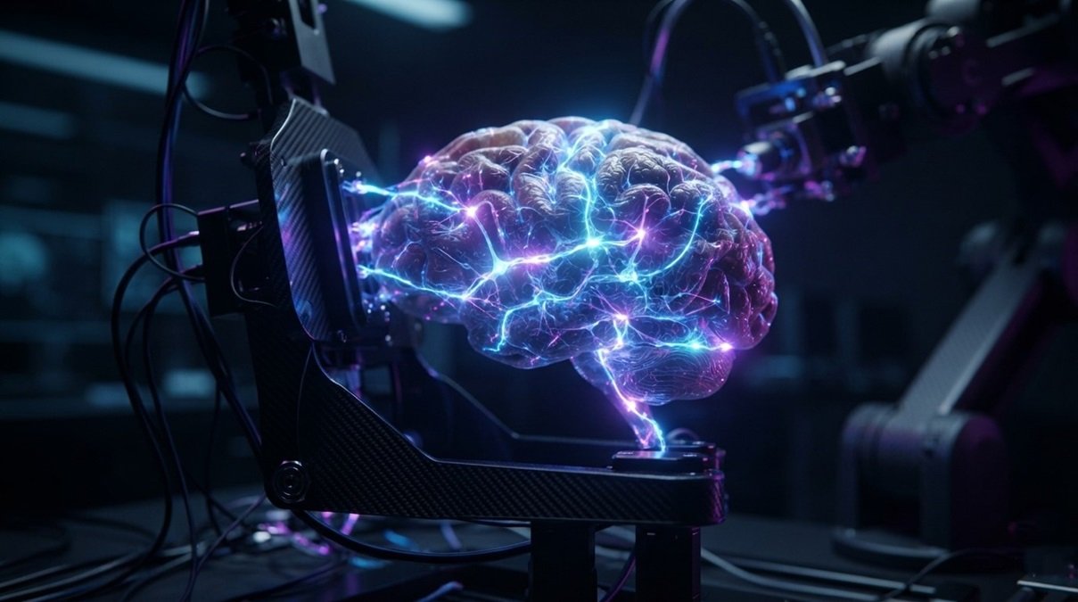 Hyper-detailed physical brain neural pathway model glowing with cyber neon blue and purple lights to represent human logic and cognitive response variability.