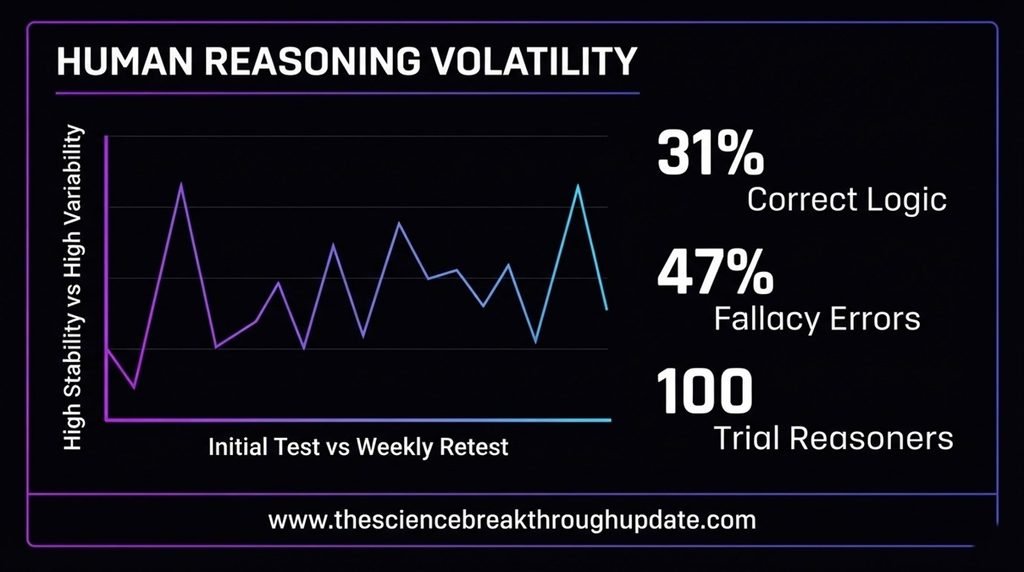 Professional tech dashboard line graph infographic charting the thirty-one percent logic success rate and forty-seven percent fallacy error rate from the cognitive study.