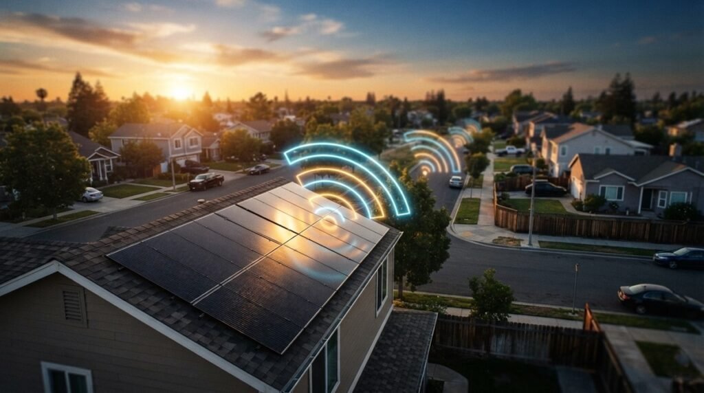 Residential rooftop solar panels actively generating clean electricity and trading it across a suburban neighborhood block using visible wireless digital wave routing at sunset.