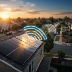 Residential rooftop solar panels actively generating clean electricity and trading it across a suburban neighborhood block using visible wireless digital wave routing at sunset.