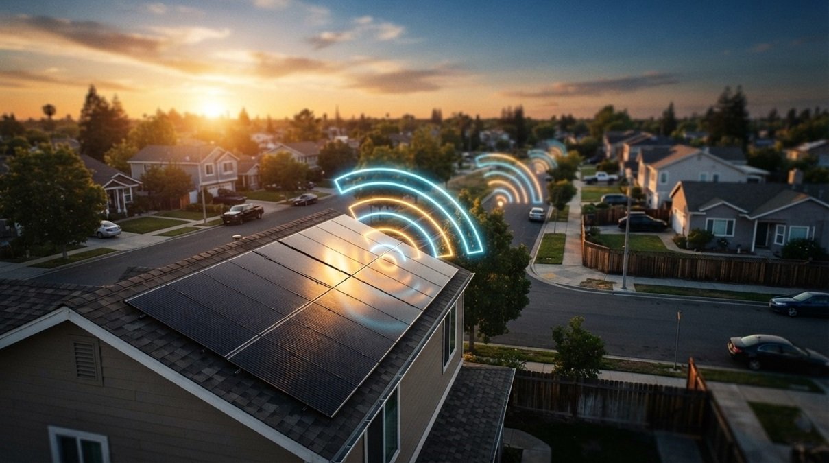 Residential rooftop solar panels actively generating clean electricity and trading it across a suburban neighborhood block using visible wireless digital wave routing at sunset.