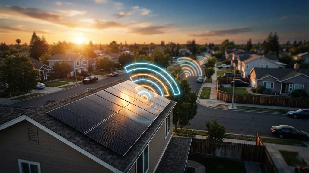 Residential rooftop solar panels actively generating clean electricity and trading it across a suburban neighborhood block using visible wireless digital wave routing at sunset.
