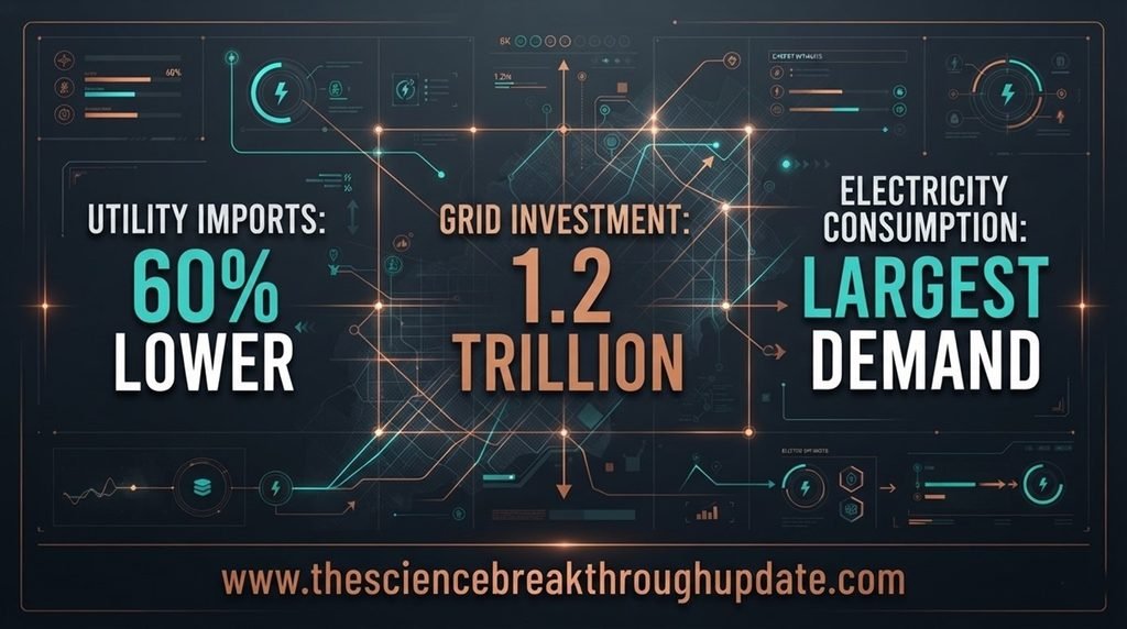 Technical grid network dashboard infographic illustrating a sixty percent reduction in utility imports along with a one point two trillion euro distribution network investment metric.