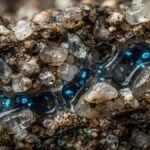 Ultra-realistic macro photography showing microscopic plastic particles seeping through wet subterranean stones and mixing into groundwater.