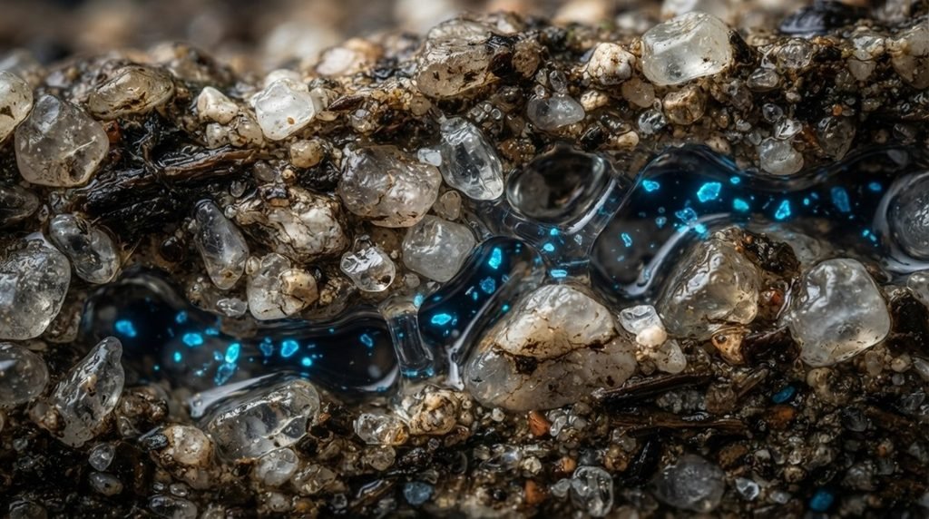  Ultra-realistic macro photography showing microscopic plastic particles seeping through wet subterranean stones and mixing into groundwater.
