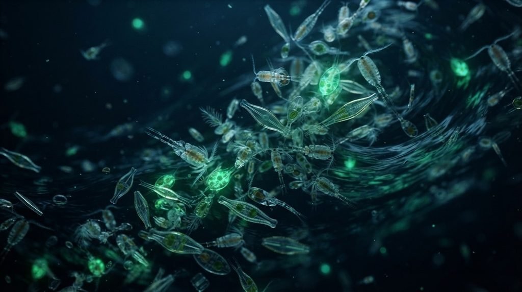 An ultra-realistic cinematic science photograph capturing bioluminescent marine plankton navigating turbulent oceanic fluid currents.