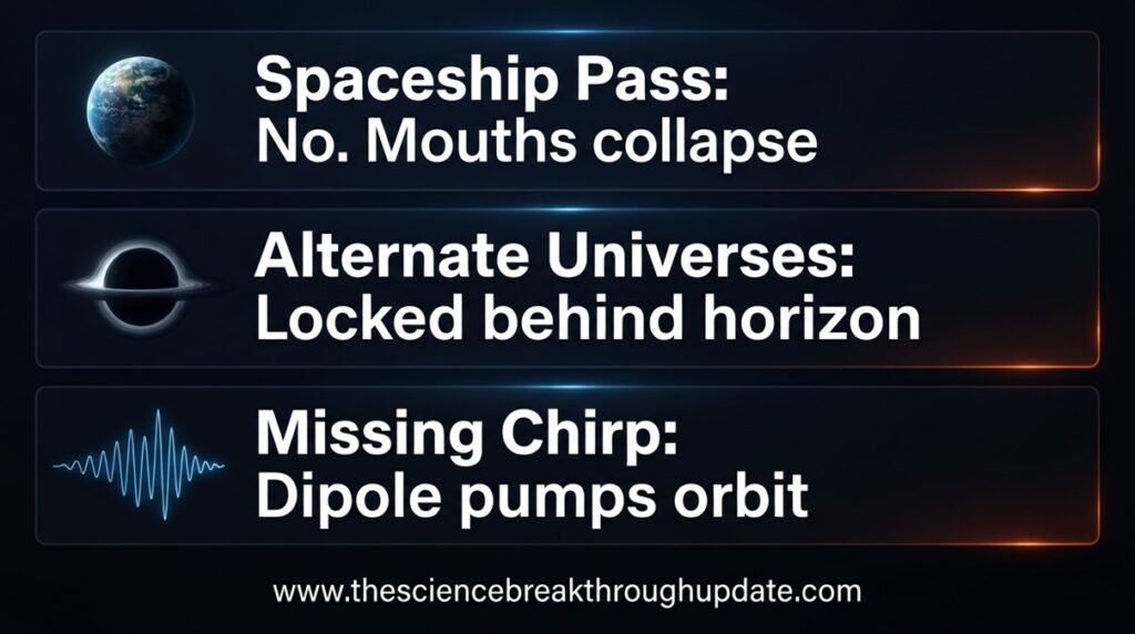 Educational science infographic explaining spaceship safety and missing orbital chirp signals after wormholes collide