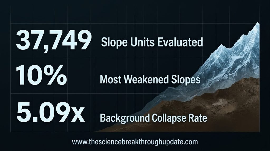 β’ Scientific data infographic grid mapping 37,749 slope units and showing a 5.09x higher permafrost collapse rate within the top 10 percent most weakened zones.