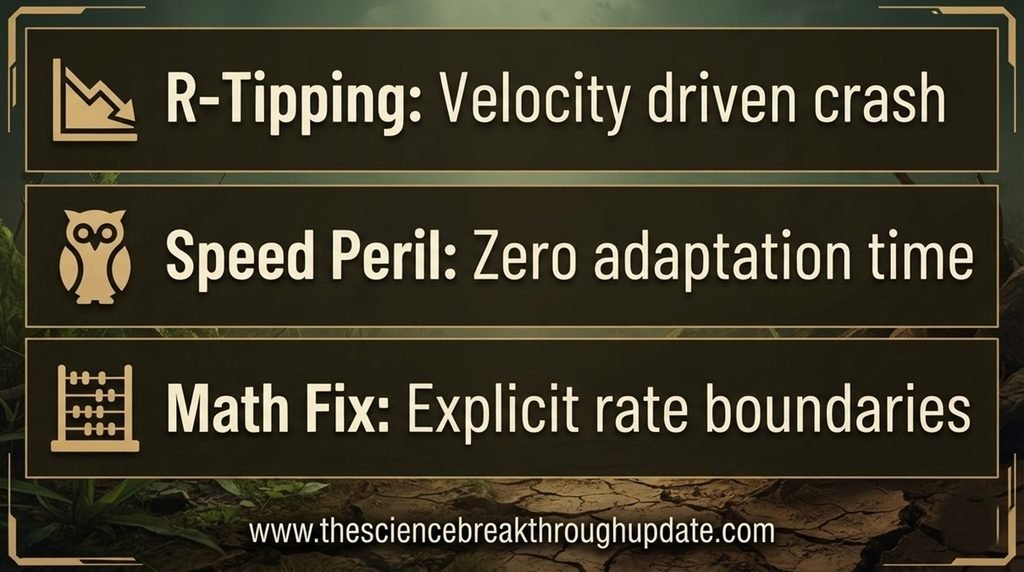 Educational infographic explainer summarizing core facts of rate-induced tipping and velocity driven ecosystem crash boundaries.
