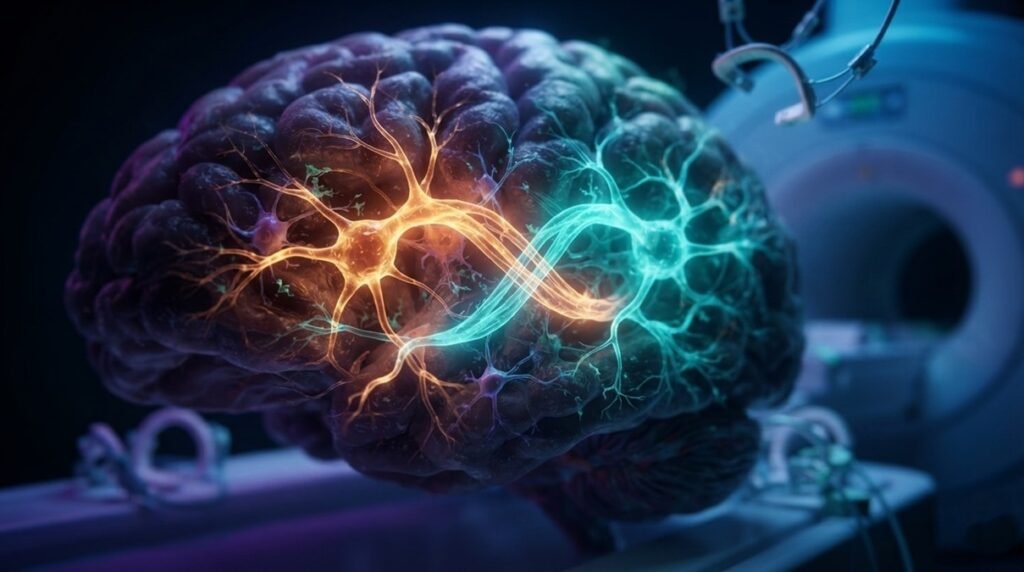 Neural network feedback loop inside a human brain shifting from an anxious amber glow to a secure turquoise light, illustrating real-time changes in adult relationship attachment styles.