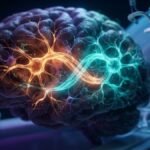 Neural network feedback loop inside a human brain shifting from an anxious amber glow to a secure turquoise light, illustrating real-time changes in adult relationship attachment styles.