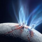 Saturn Moon Gases Hint at Active Alien Life High contrast space photograph showing cryovolcanic gas plumes erupting from the active icy fractures of Saturn moon Enceladus