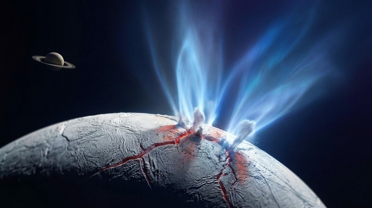 High contrast space photograph showing cryovolcanic gas plumes erupting from the active icy fractures of Saturn moon Enceladus