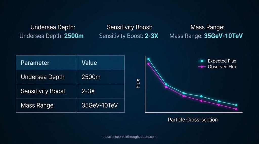 Statistical Dark Space style technical blueprint infographic outlining the 2-3x sensitivity boundaries and WIMP mass ranges between 35 GeV and 10 TeV mapped by the ANTARES experiment.