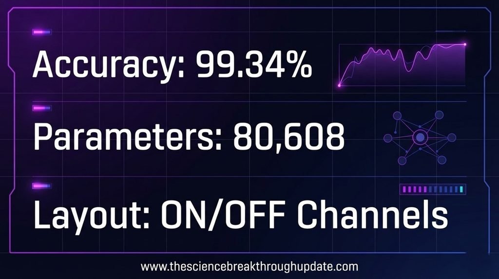 Technical comparison grid showing computer vision architecture efficiency benchmark metrics of ninety-nine point thirty-four percent accuracy using eighty thousand parameters